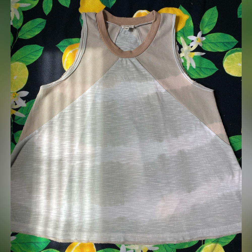 POL Sage/Tan Patchwork Bleach Dye Waffle Knit Ringer Tank